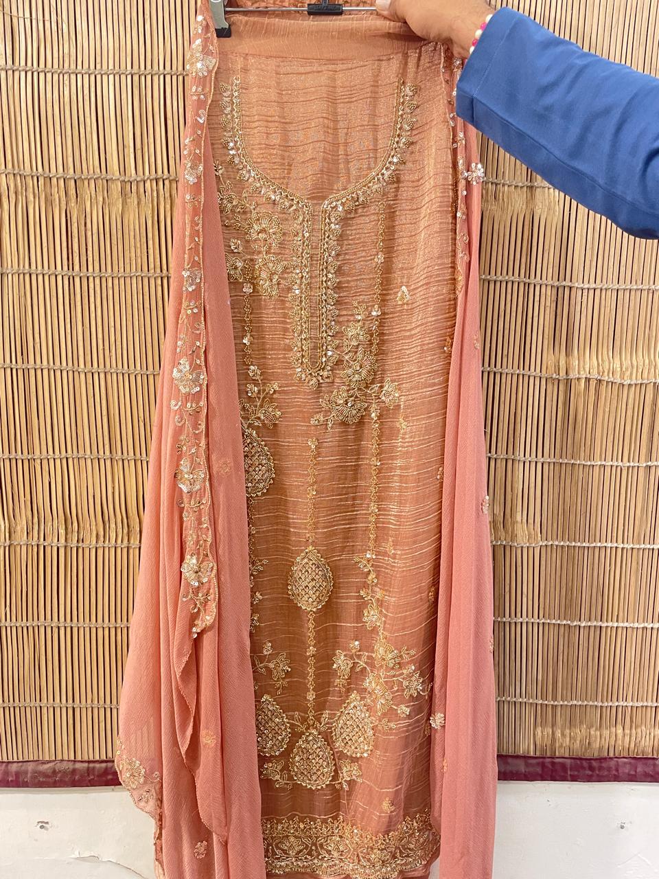 Peach Embroidered Designer Suit Set | Unstitched Suit Fabric | Raw Material