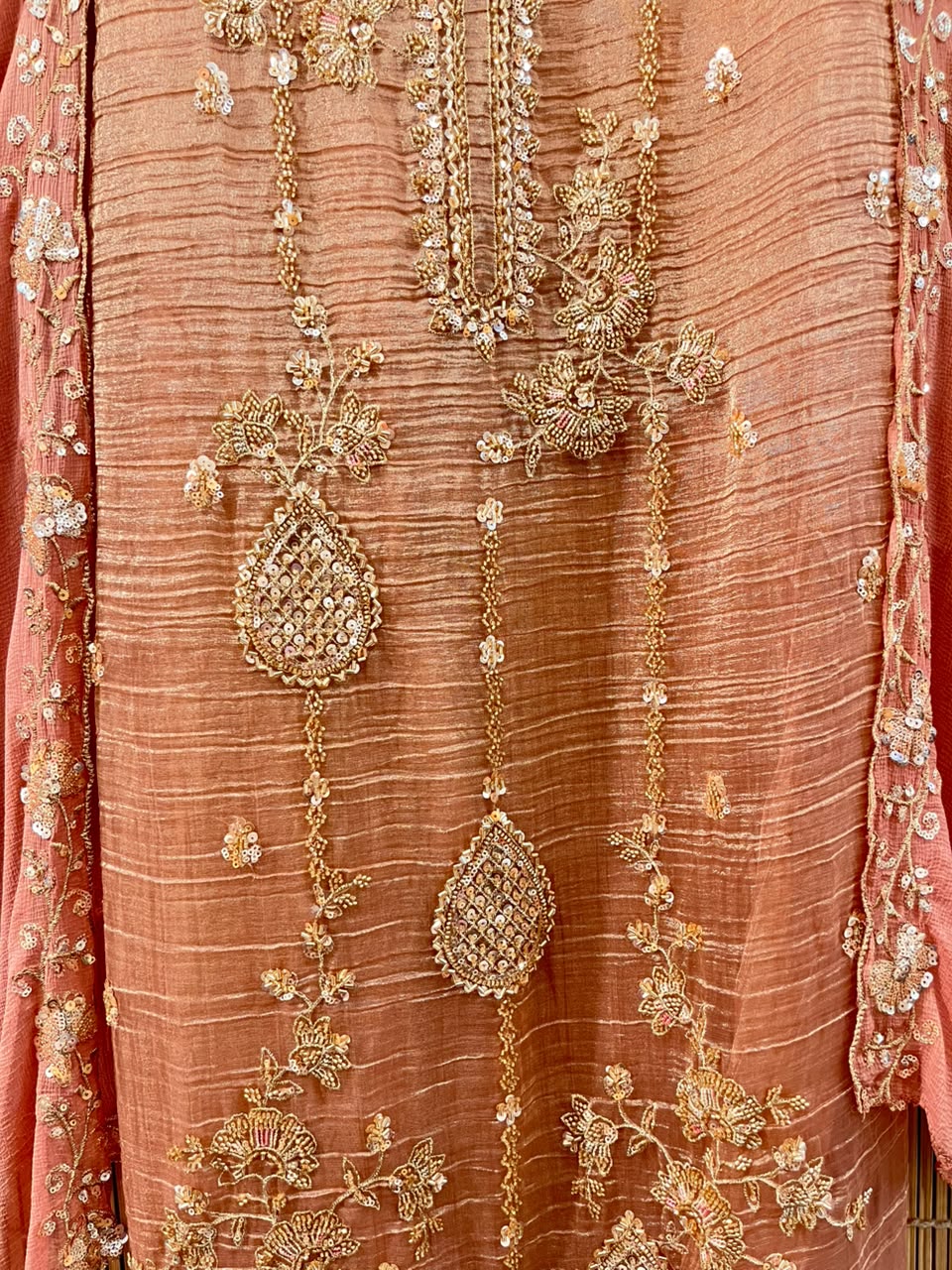 Peach Embroidered Designer Suit Set | Unstitched Suit Fabric | Raw Material