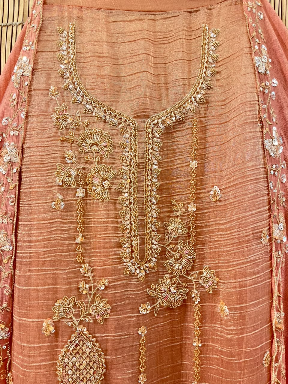 Peach Embroidered Designer Suit Set | Unstitched Suit Fabric | Raw Material