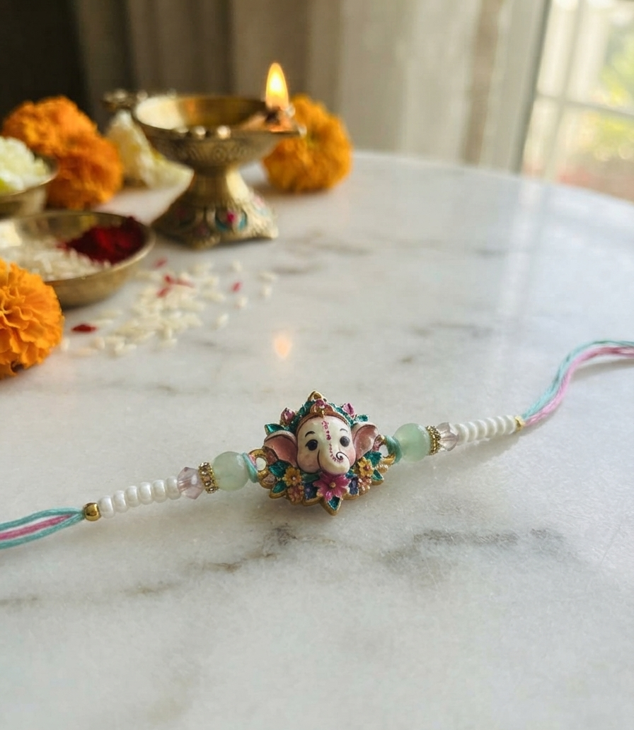 Handmade Ganpati Rakhi for Brother & Kids - Designer Ganesha Pearl Thread for All Age Groups (Bhaiya, Toddlers & Adults) with Premium Mint Beads