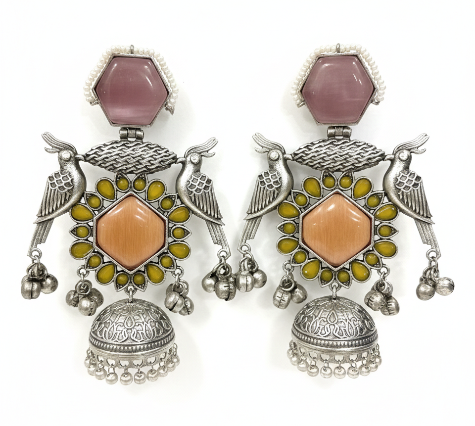 Shahaana big peacock oxidised jhumkis