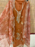 Rust Orange Embroidered Designer Suit Set | Pure Crepe Unstitched Suit Fabric