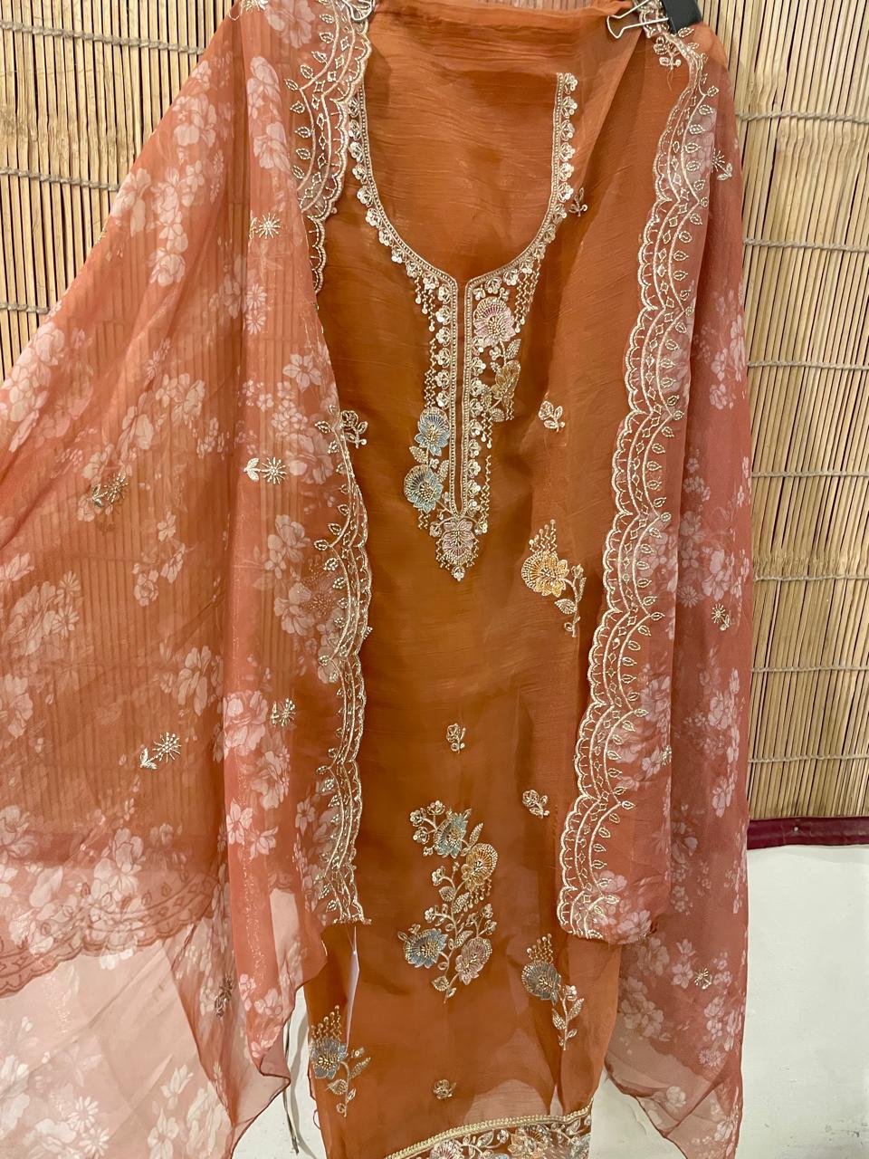 Rust Orange Embroidered Designer Suit Set | Pure Crepe Unstitched Suit Fabric