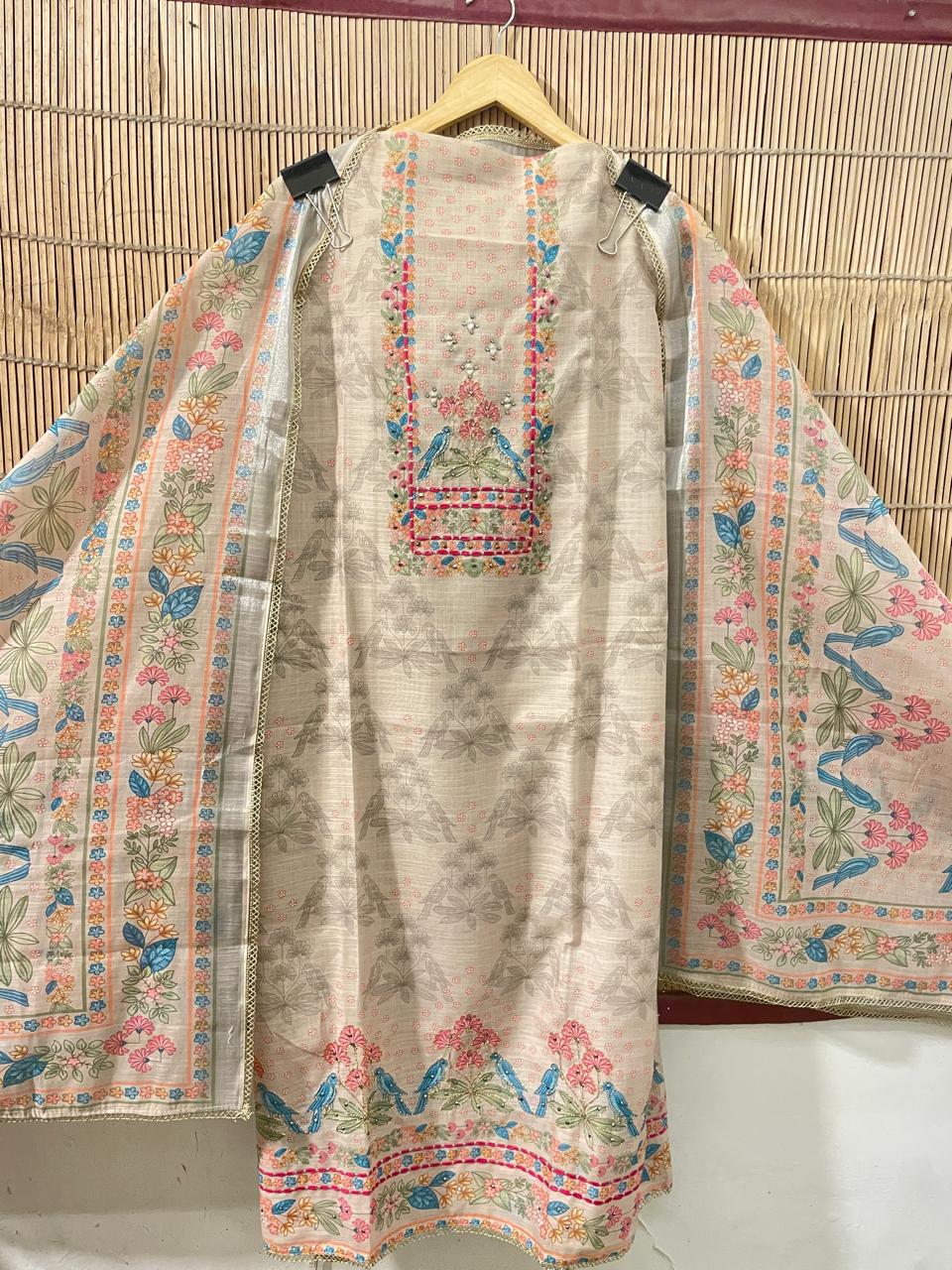 Ivory Floral & Peacock Embroidered Suit Set | Unstitched Suit fabric