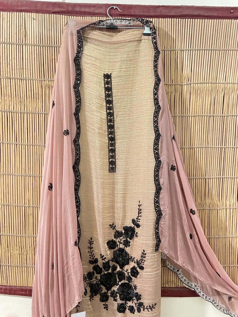 Champagne & Blush Pink Designer Suit Set | Unstitched Tissue Fabric