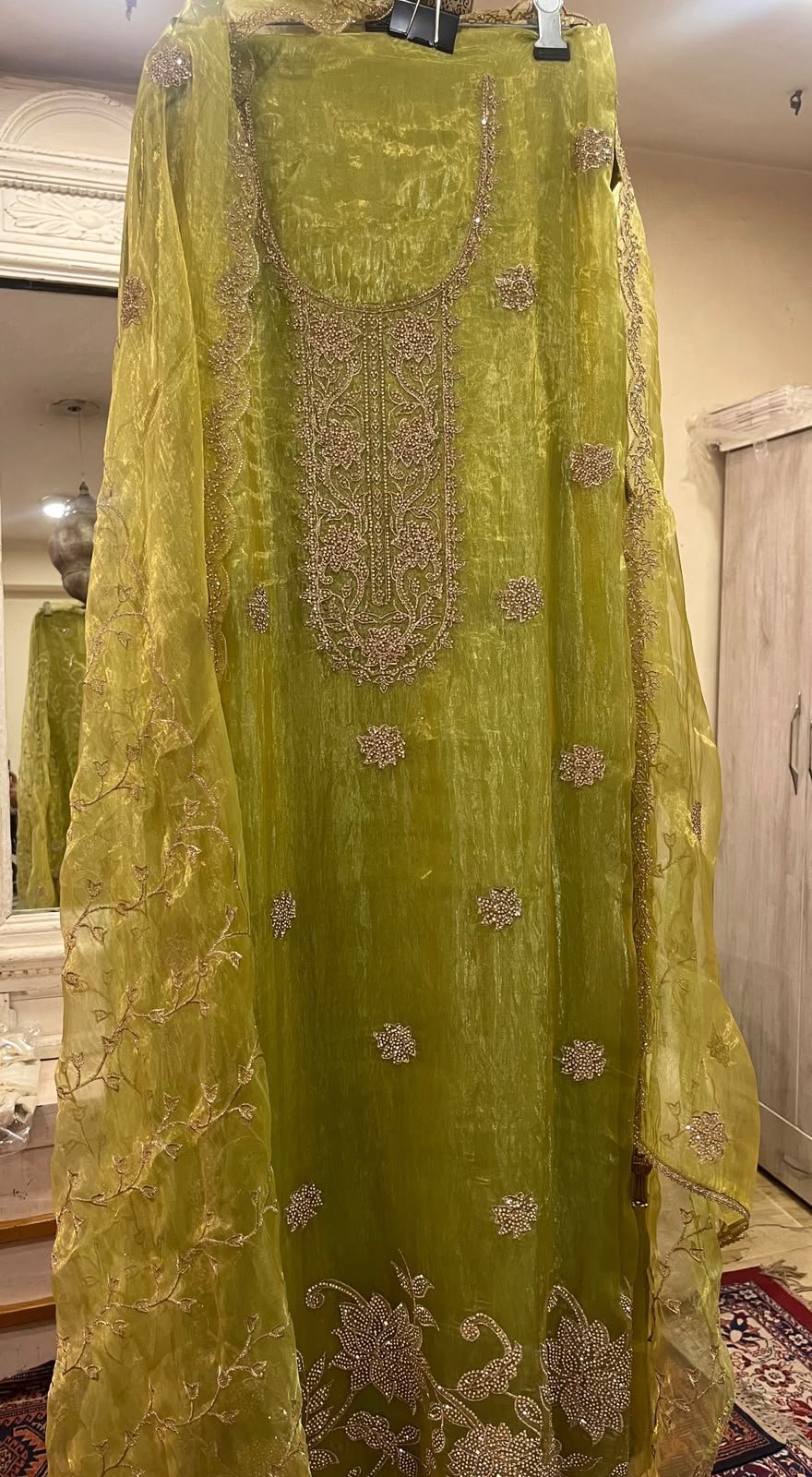 Green Organza Embroidered Suit Set | Unstitched Fabric