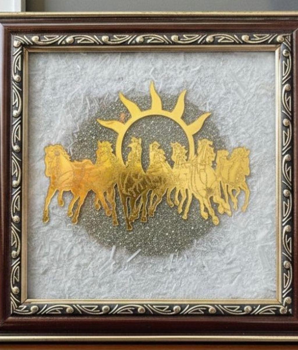 Sun and Seven horses pyrite frame with attached selenite plate
