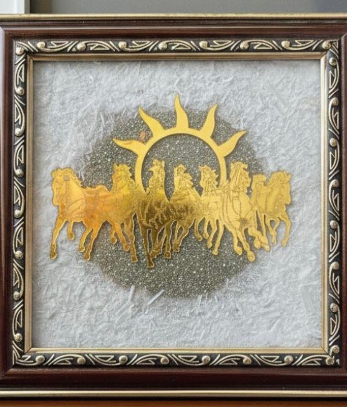 Sun and Seven horses pyrite frame with attached selenite plate