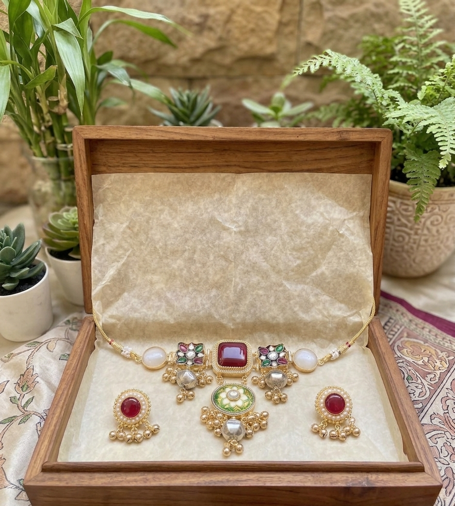 Kashmiri brass choker set - Maroon color