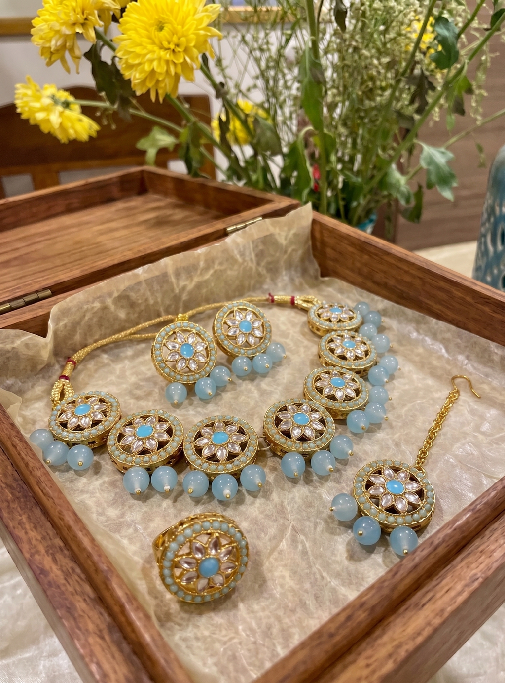 Nisha blue kundan choker set | Gold-Toned Circular Floral Jewellery Set with Turquoise Beads, Necklace, Earrings, Maang Tikka and Ring