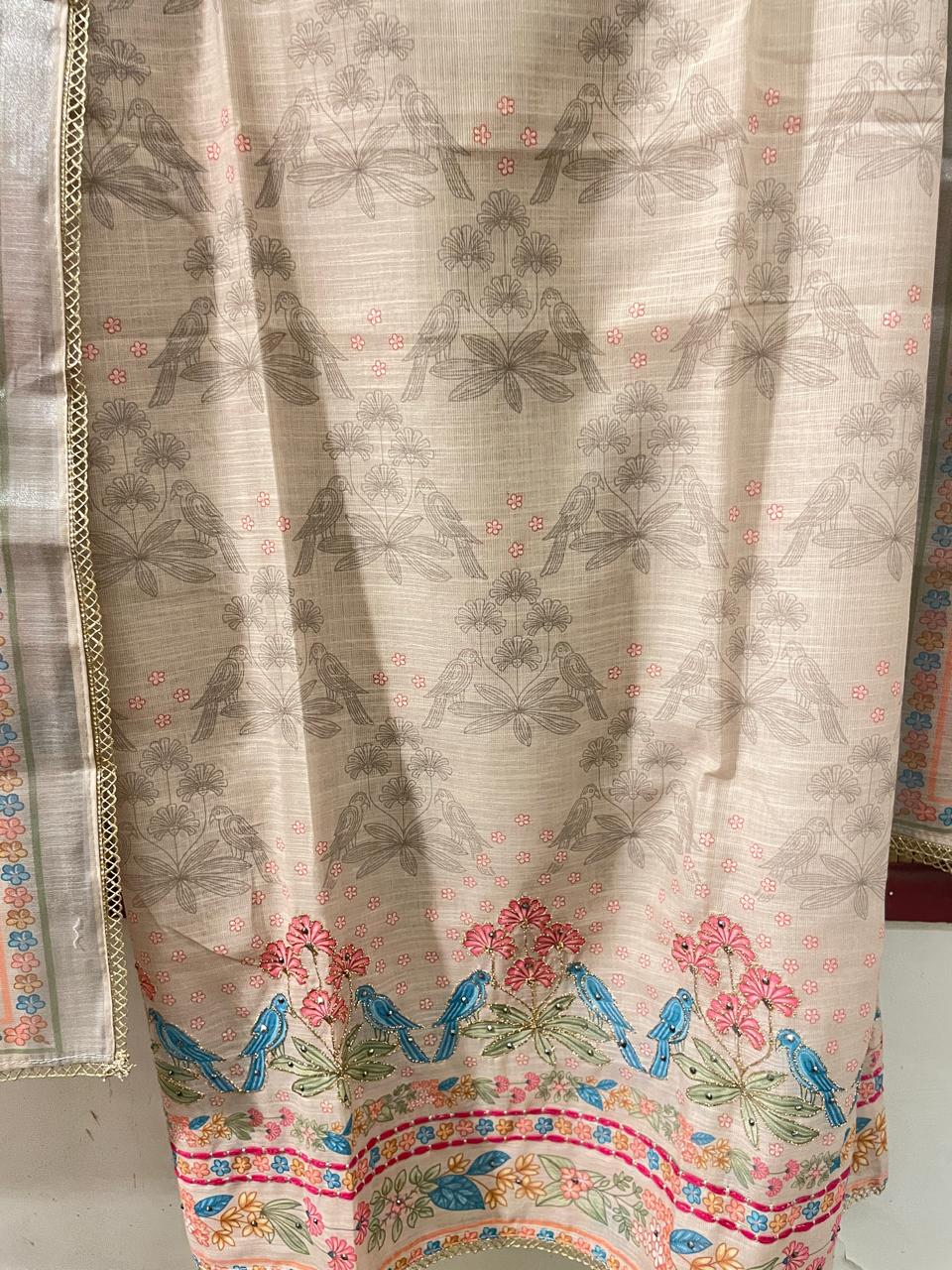 Ivory Floral & Peacock Embroidered Suit Set | Unstitched Suit fabric