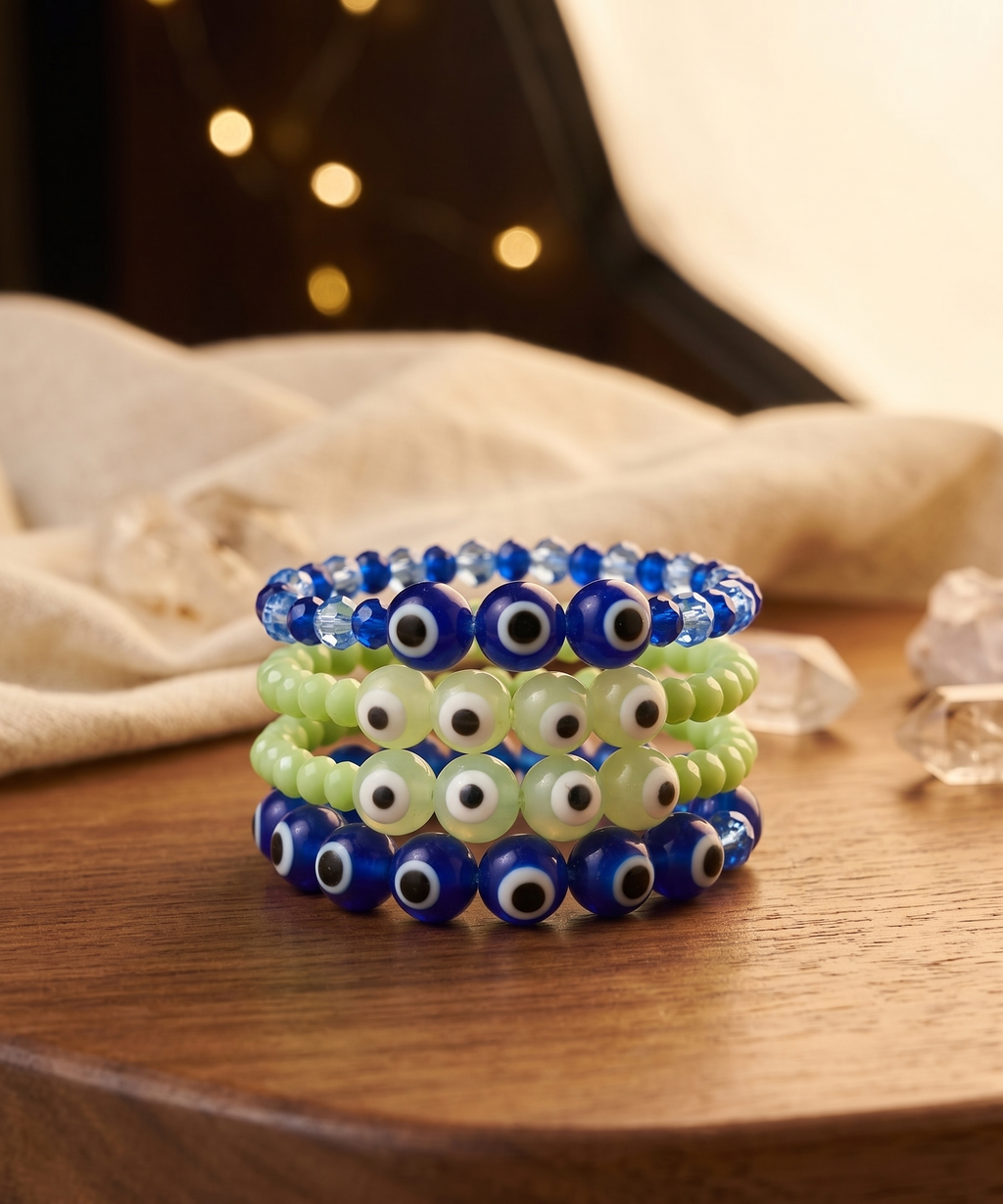 Evil Eye Beaded Bracelet Set, Blue and Green, Crystal and Glass Beads, Stackable, 4 Pieces
