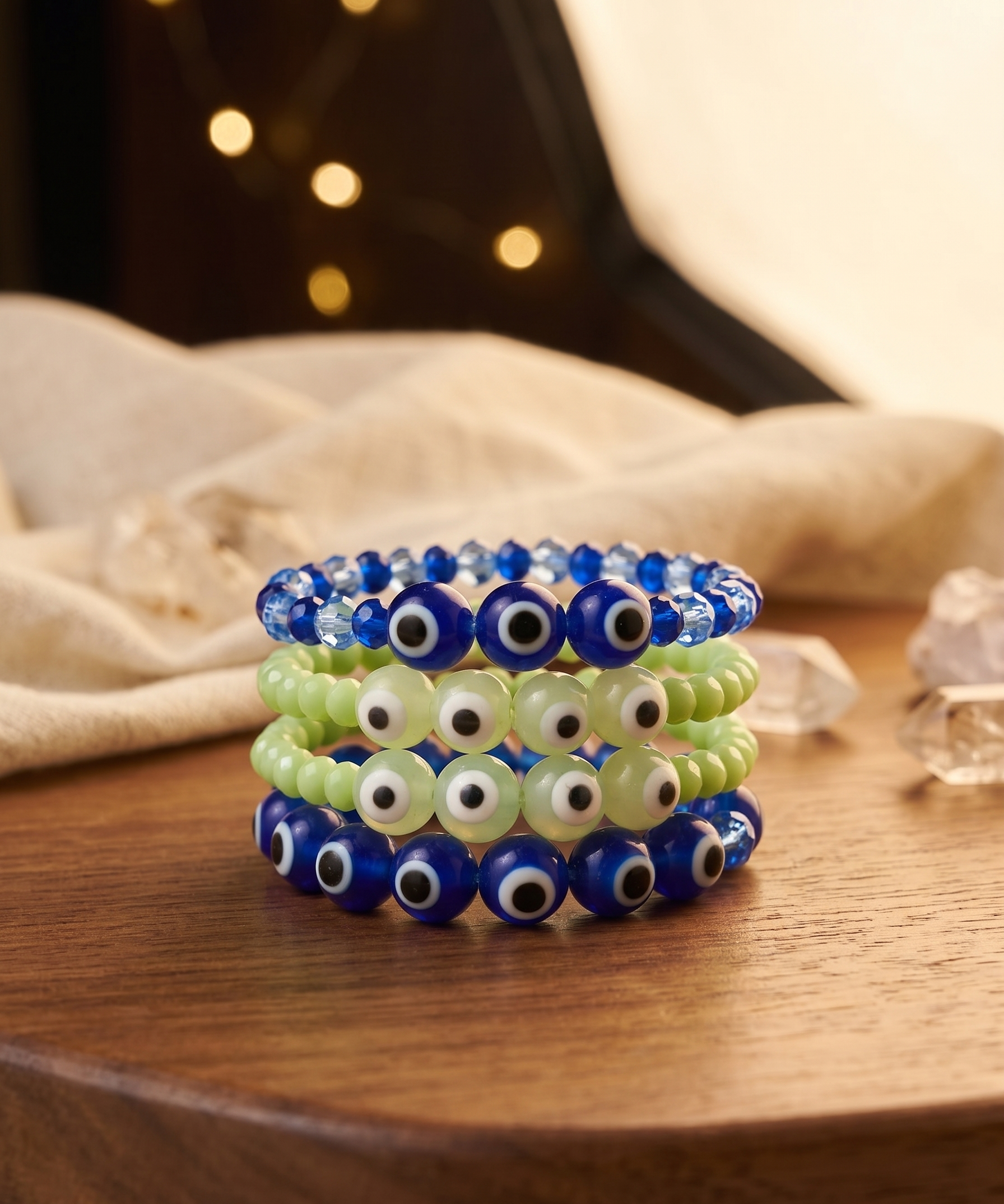 Evil Eye Beaded Bracelet Set, Blue and Green, Crystal and Glass Beads, Stackable, 4 Pieces