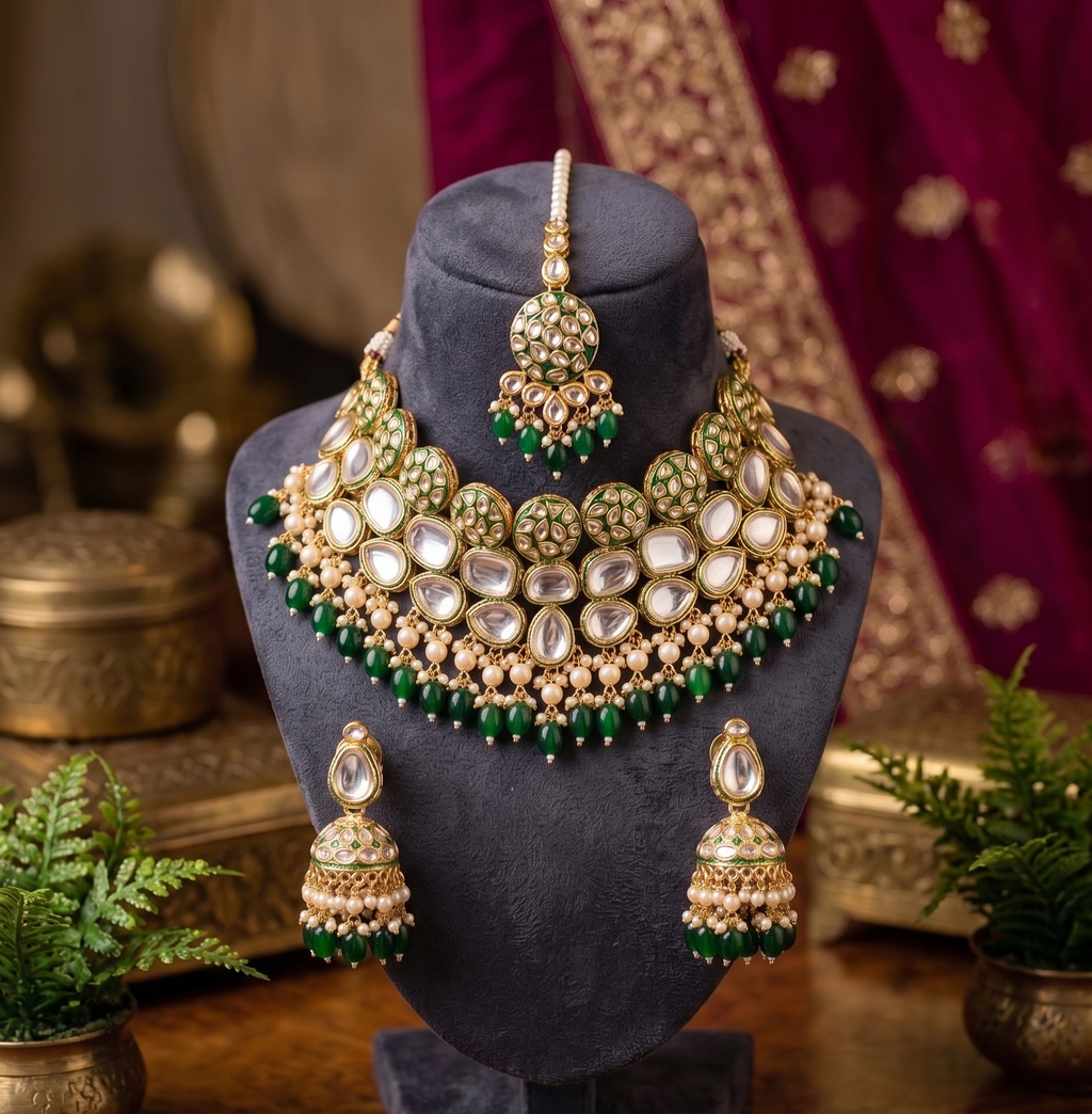 Ravina kundan semi bridal choker necklace set | Kundan Choker Necklace Set with Jhumka Earrings, Green and Gold, Pearl Beads, Bridal