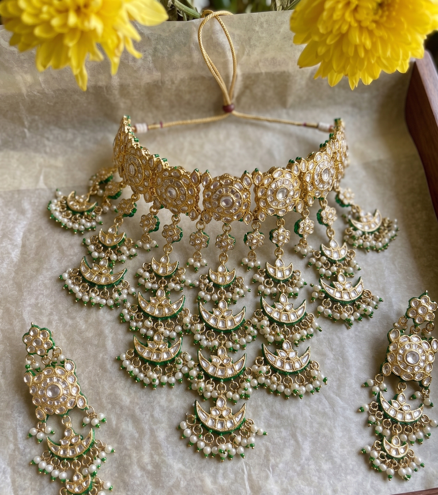 Rashmika choker bridal set | Traditional Kundan Bridal Choker Necklace Set with Earrings, Gold-Toned, Pearl Drops, Meenakari Work