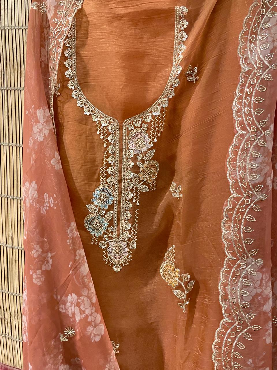Rust Orange Embroidered Designer Suit Set | Pure Crepe Unstitched Suit Fabric