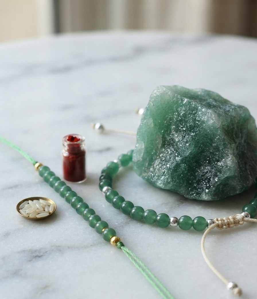 TNT designs Handmade Green Aventurine Rakhi and Bracelet Combo for Bhai and Bhabhi - Rakshabandhan Rakhi Set with Adjustable Thread for Brother & Sister-in-Law
