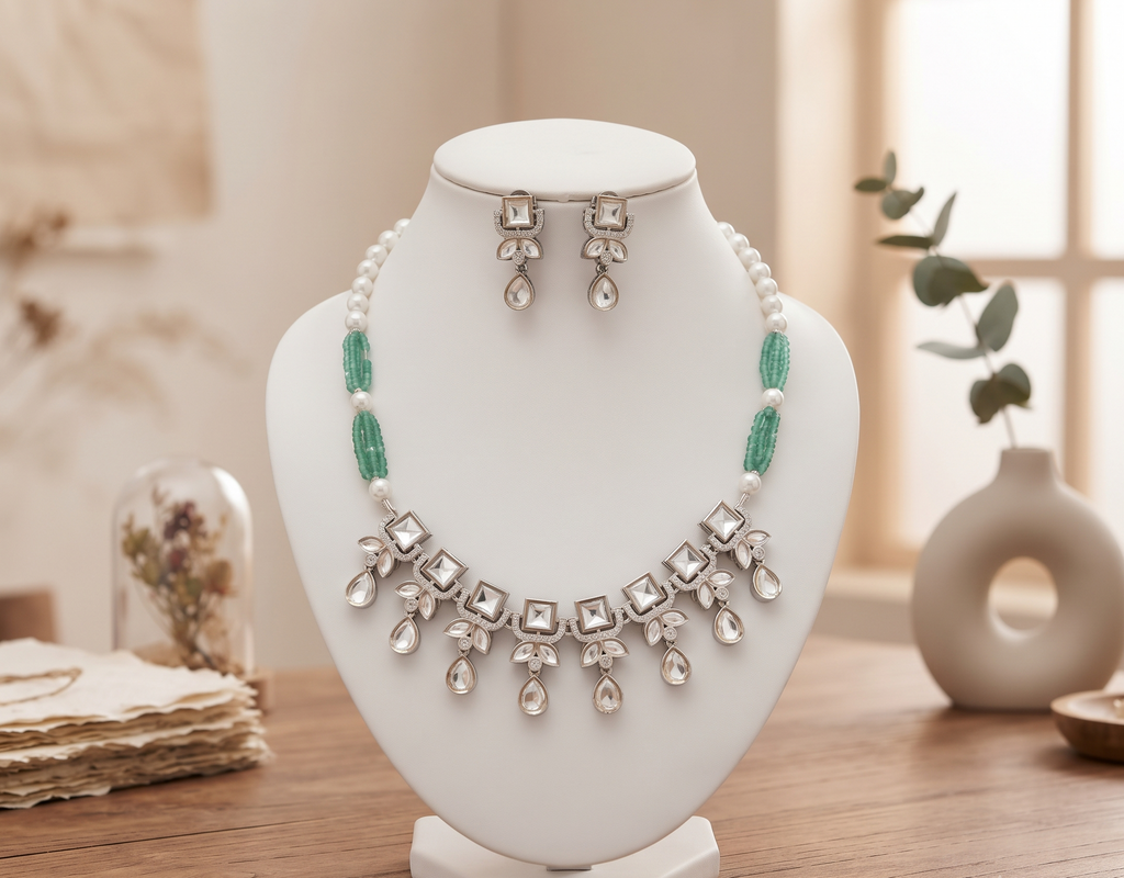 Maahi Elegant Mint Green & Silver-Tone Kundan Necklace Set