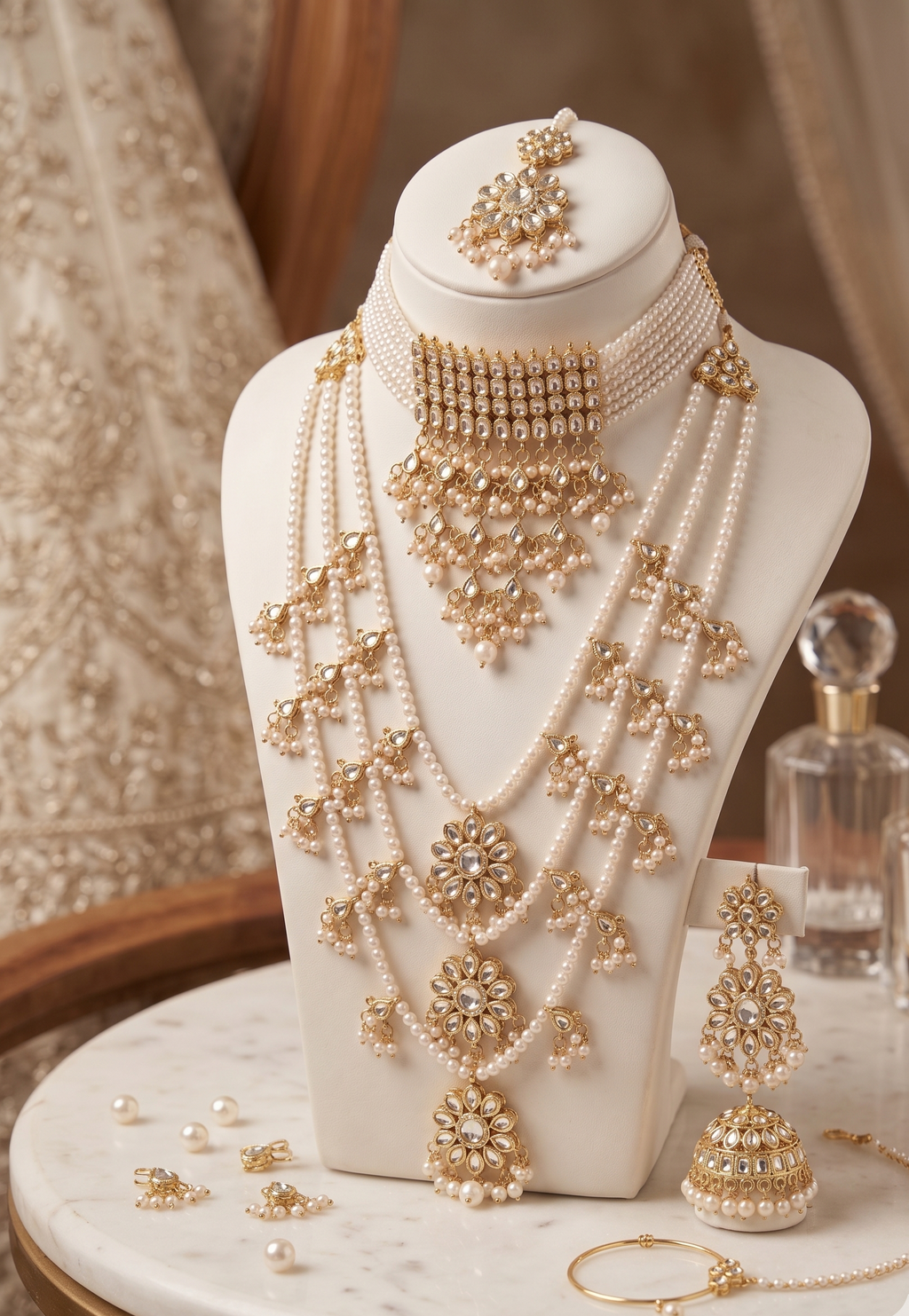 Chinnama Kundan Choker Necklace and Long Necklace Set with Multilayer Pearl Strands, Floral Earrings, Gold Tone Bridal Jewellery | Set of two (2) necklace sets