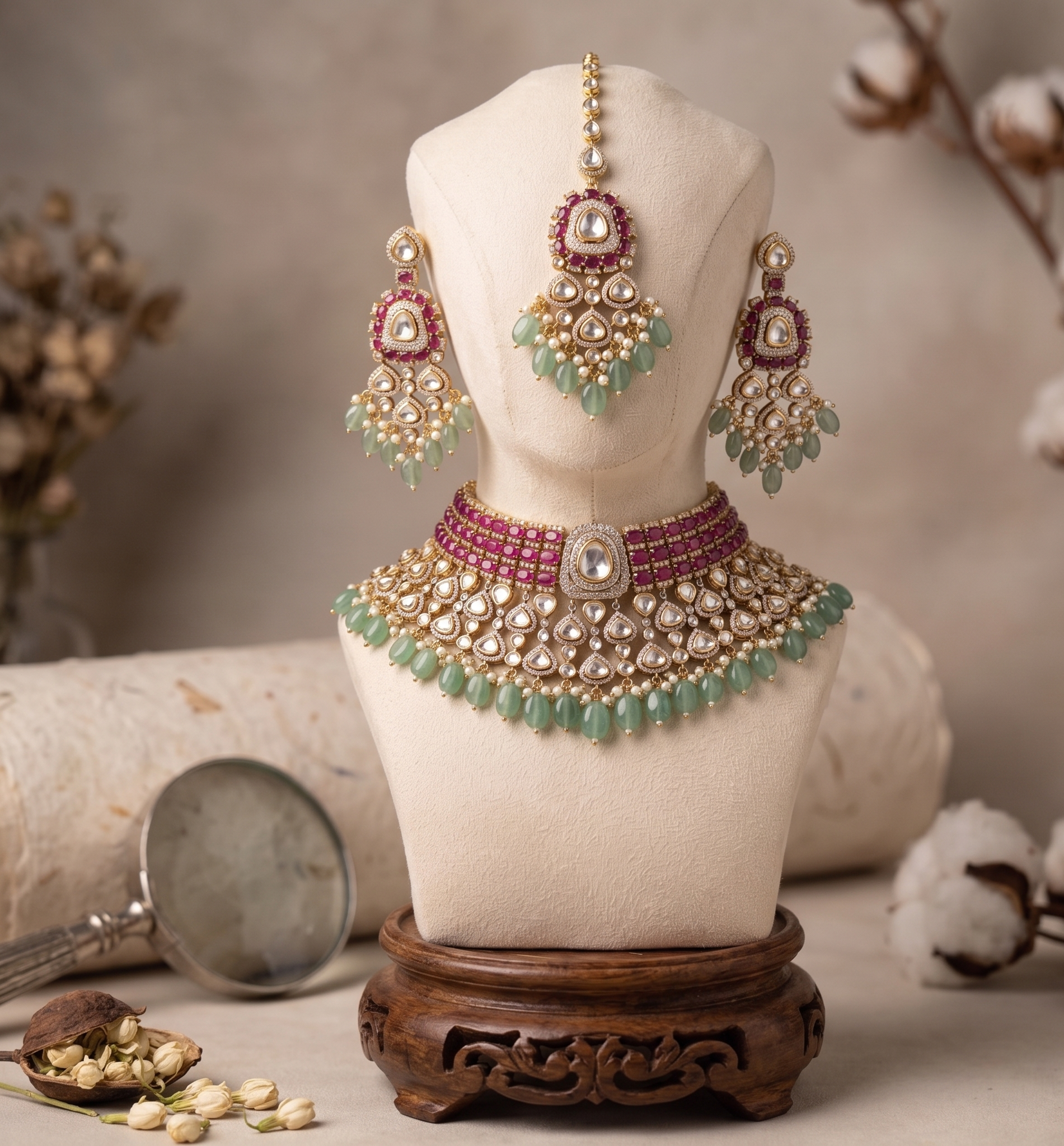 Shagun Royal Mint Kundan Choker Set | Victorian bridal necklace set | Moissanite necklace set