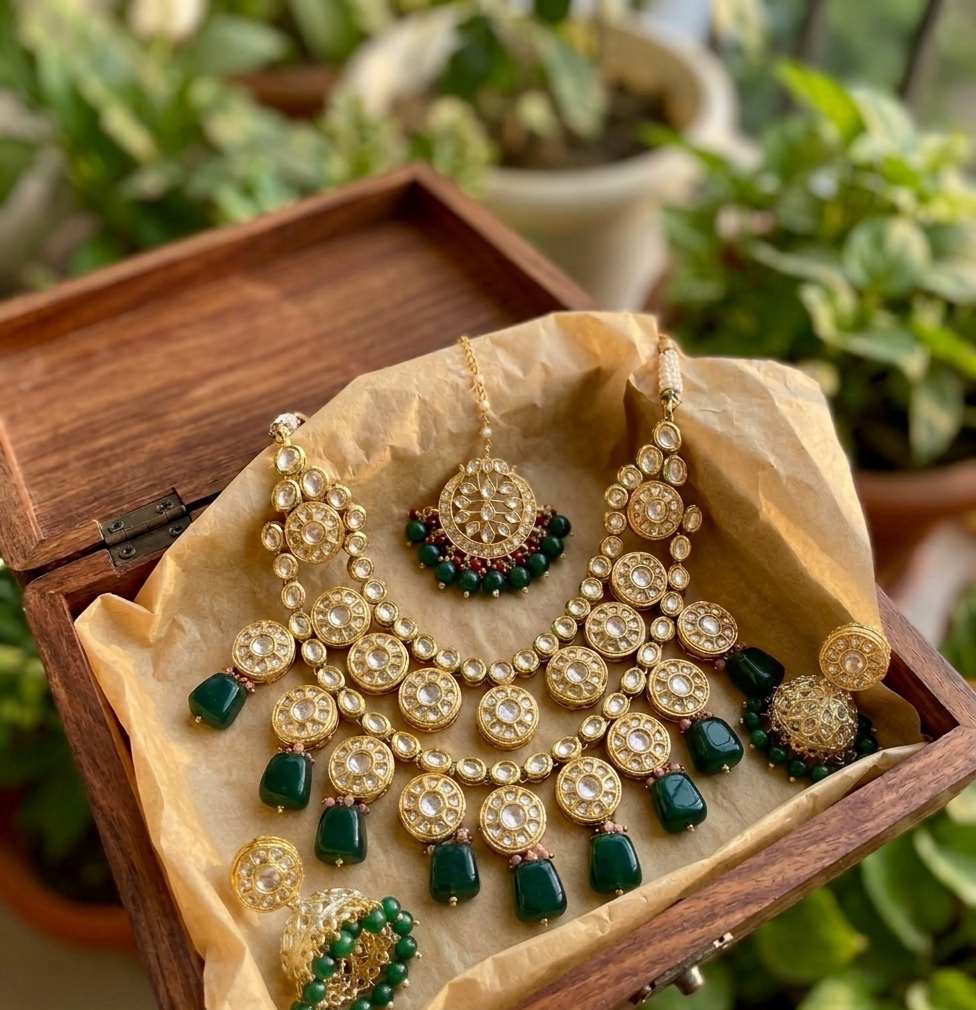 Kalratri bridal necklace set | Kundan Bridal Necklace Set with Jhumka Earrings, Maang Tikka, Sheesh Patti and Nath