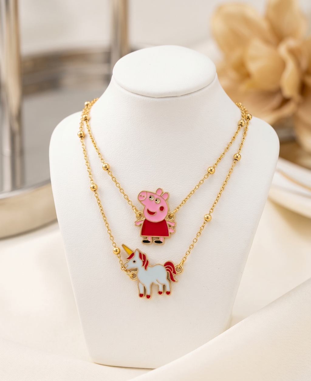 Kids Layered Necklace with Cartoon Peppa Pig and Unicorn Enamel Pendants, Gold-Toned Chain | 3 to 10 years