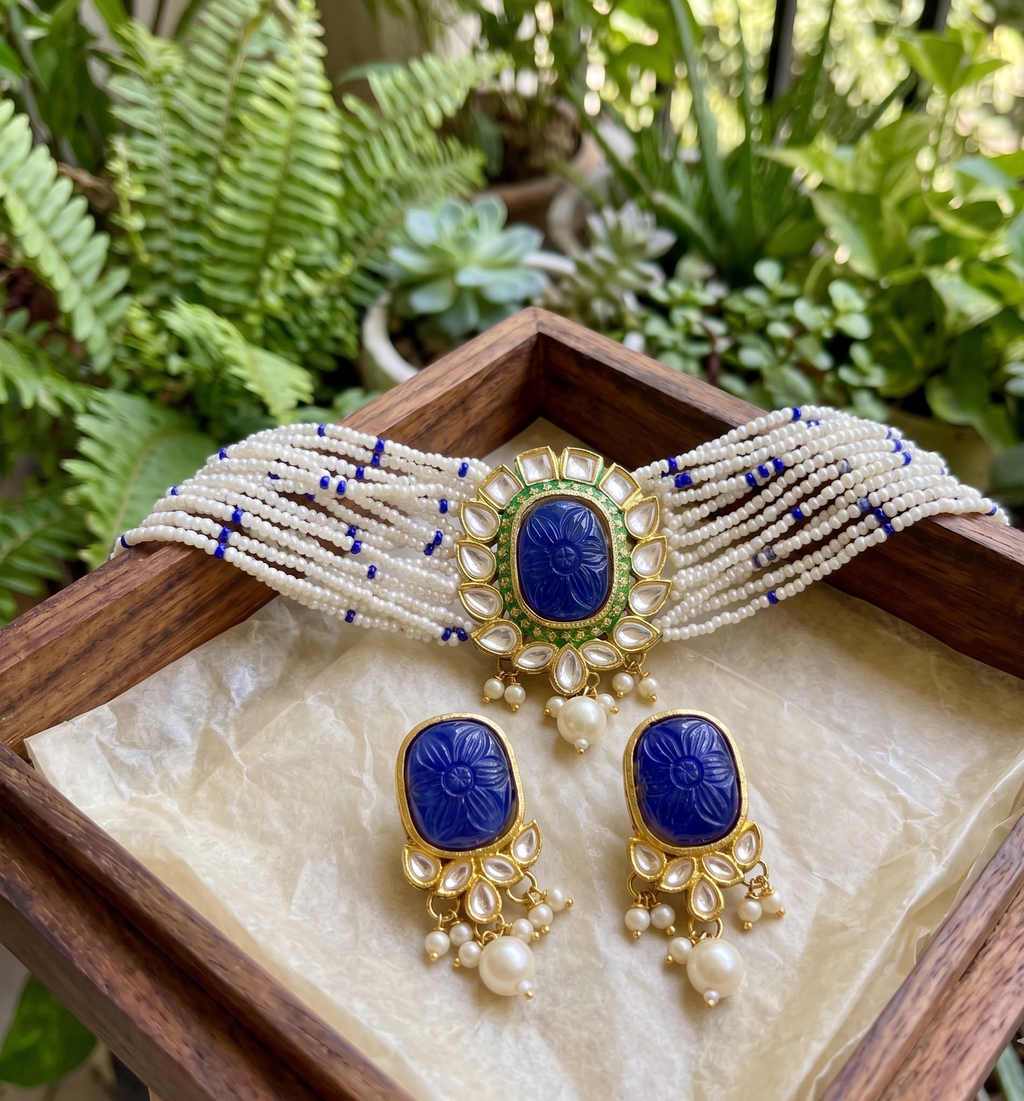 Beena pearl choker set | Kundan Necklace Set with Pearl Beads, Blue Carved Stone Pendant, Gold-Toned Traditional Jewellery