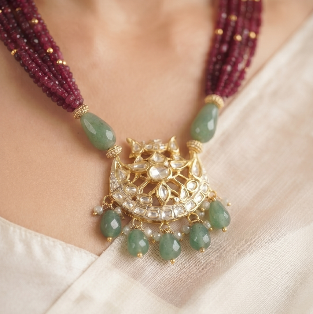 Dhaani Elegant Ruby & Green Beaded Necklace Set | Long kundan necklace