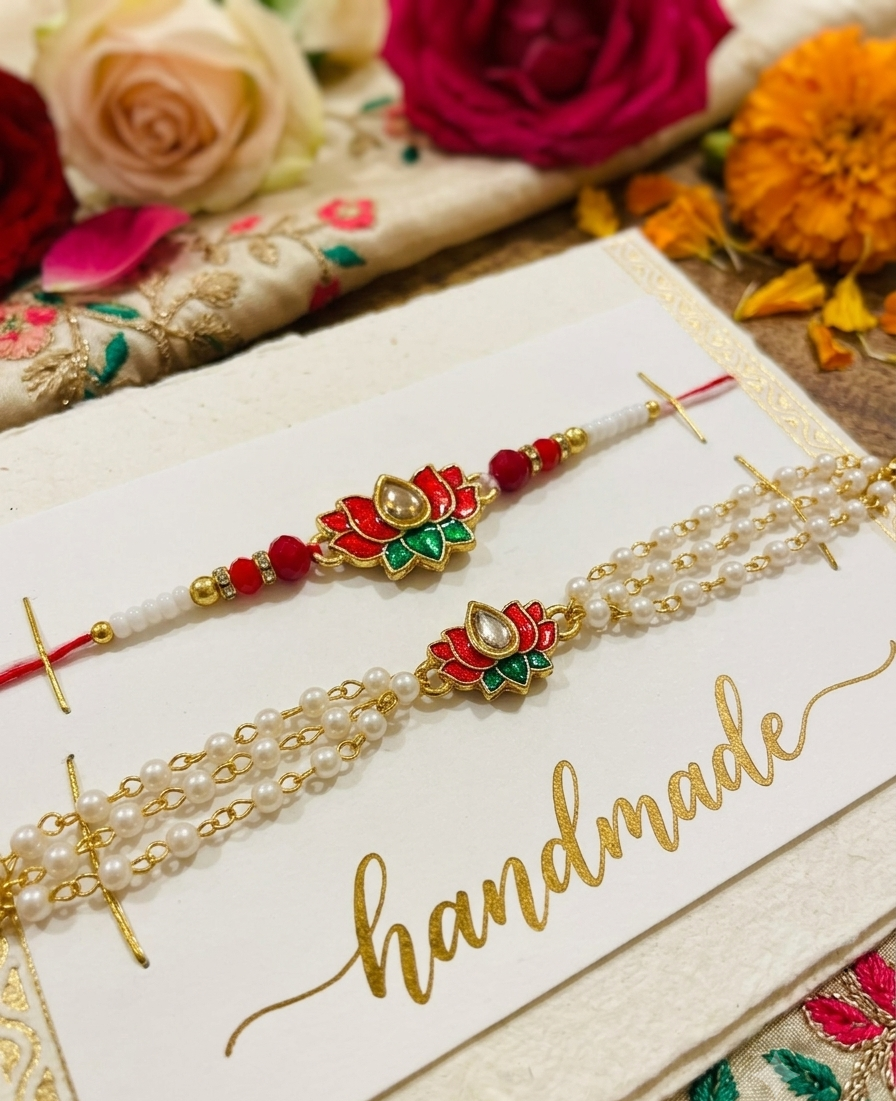 Lotus Rakhi and Lumba Set, Kundan Meenakari with Pearl Chain, Couple rakhi set for bhai and bhabhi