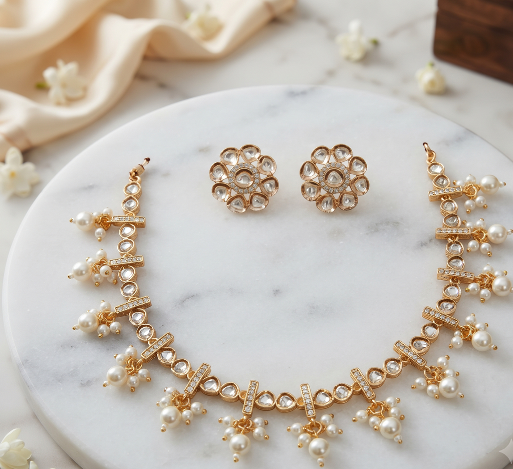 Elegant Gold-Tone Kundan Necklace Set with Pearl Drops