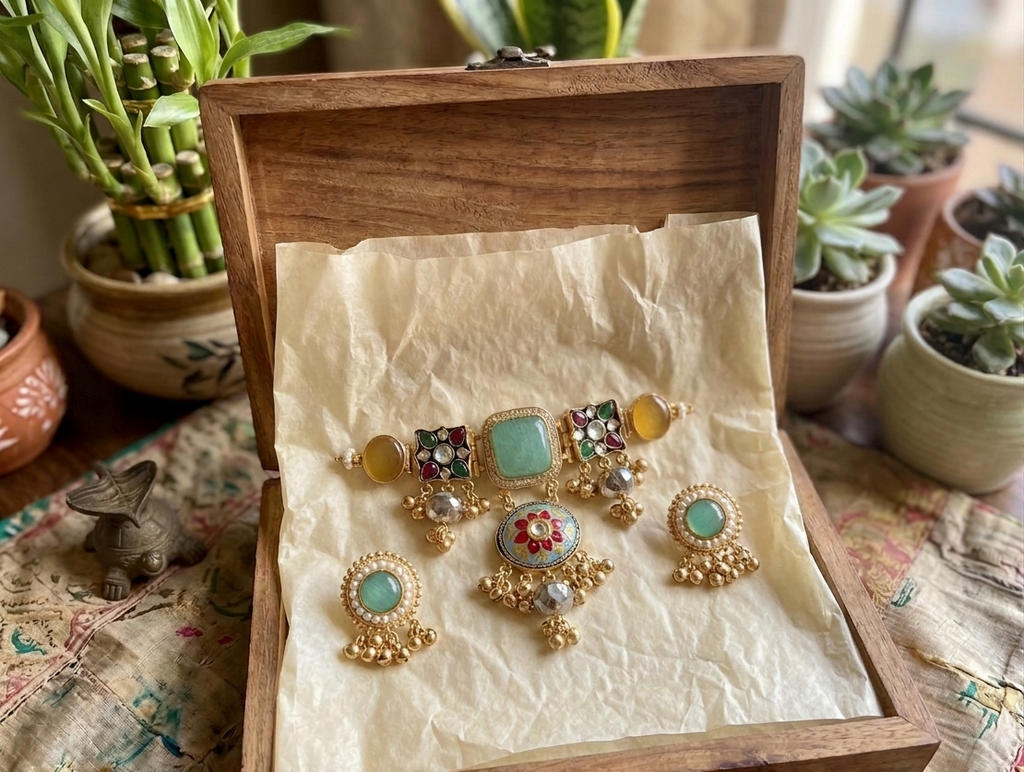 Kashmiri brass choker with earrings- Mint green
