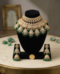 Katyayani bridal necklace set | Kundan Bridal Necklace Set with Jhumka Earrings, Nath and Sheeshpatti, Gold-Toned, Green Beads, Traditional Indian Style
