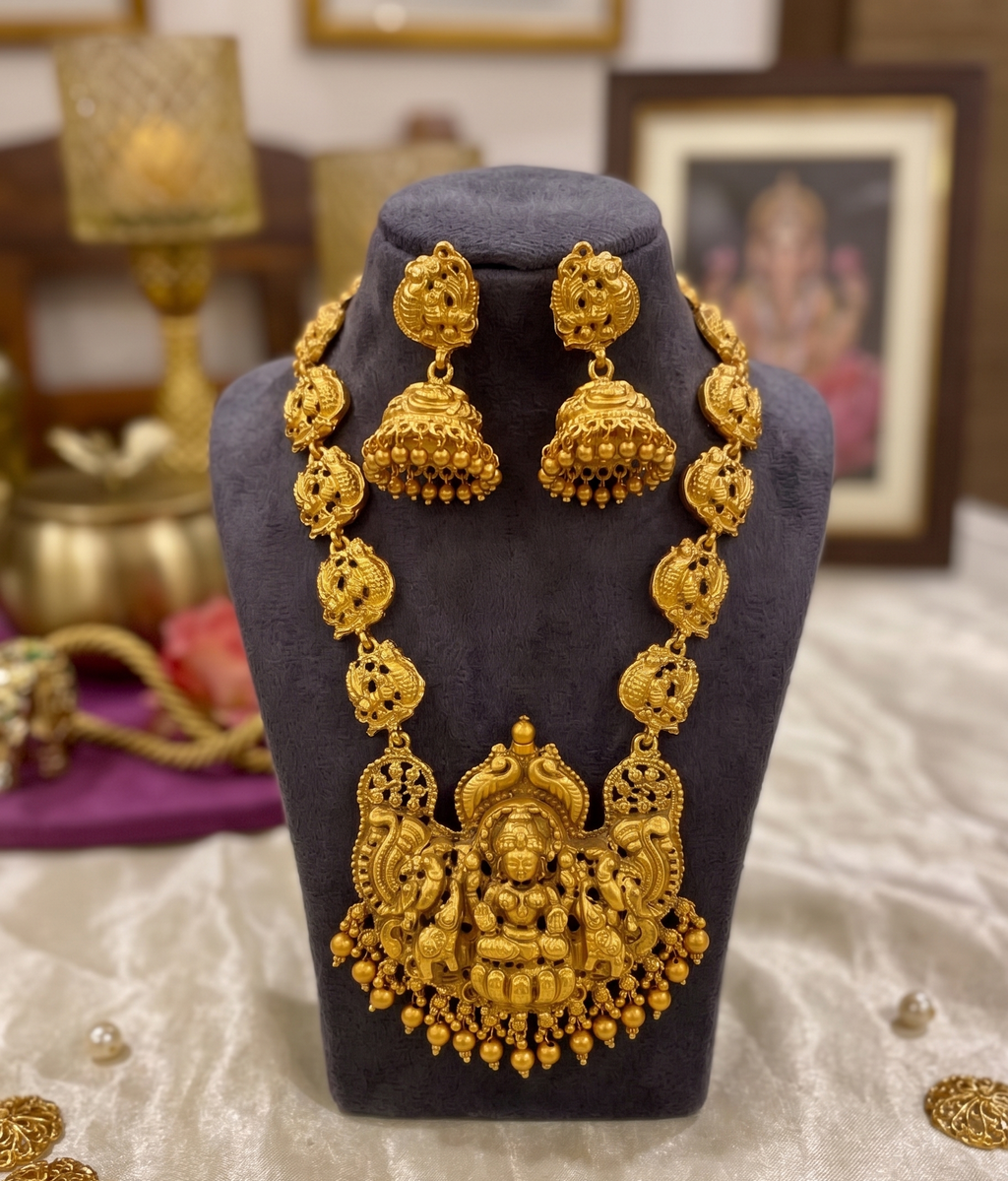 Siddheshwari long temple necklace set | Antique Golden Temple Jewellery Lakshmi Long Haram Necklace Set with Jhumka Earrings, Traditional Bridal