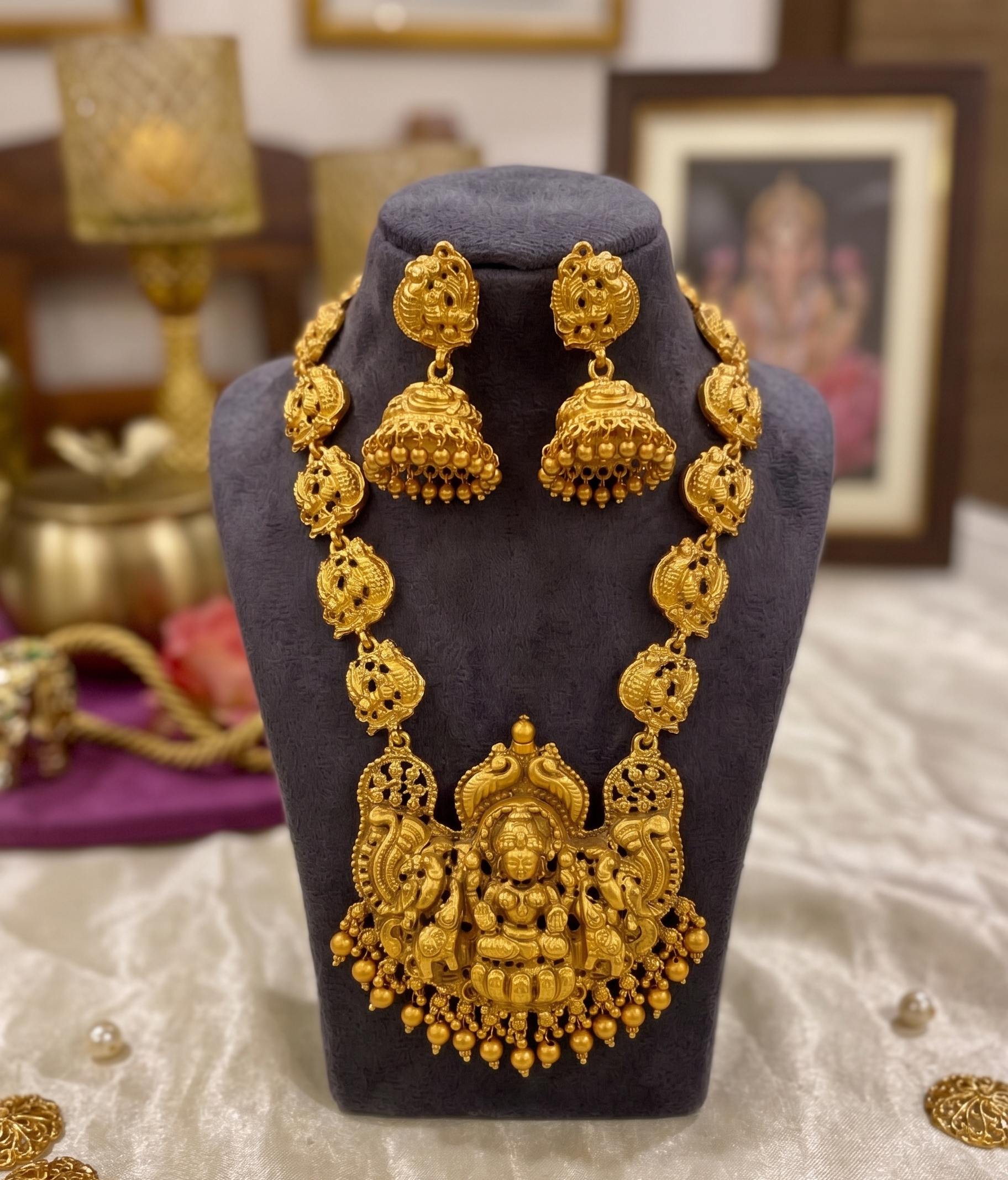 Siddheshwari long temple necklace set | Antique Golden Temple Jewellery Lakshmi Long Haram Necklace Set with Jhumka Earrings, Traditional Bridal