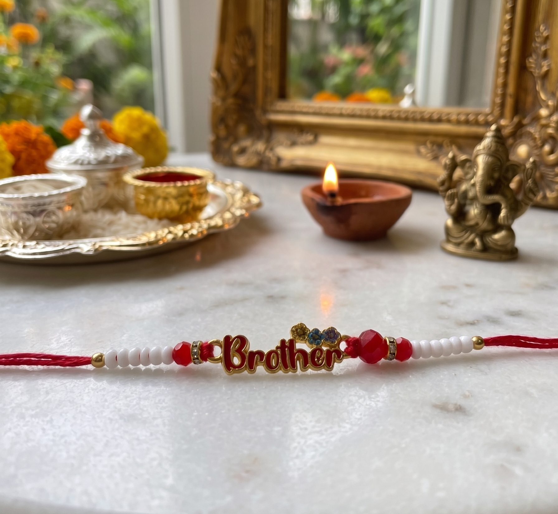 TNT -Design Handmade Red & White Beaded "Brother" Rakhi