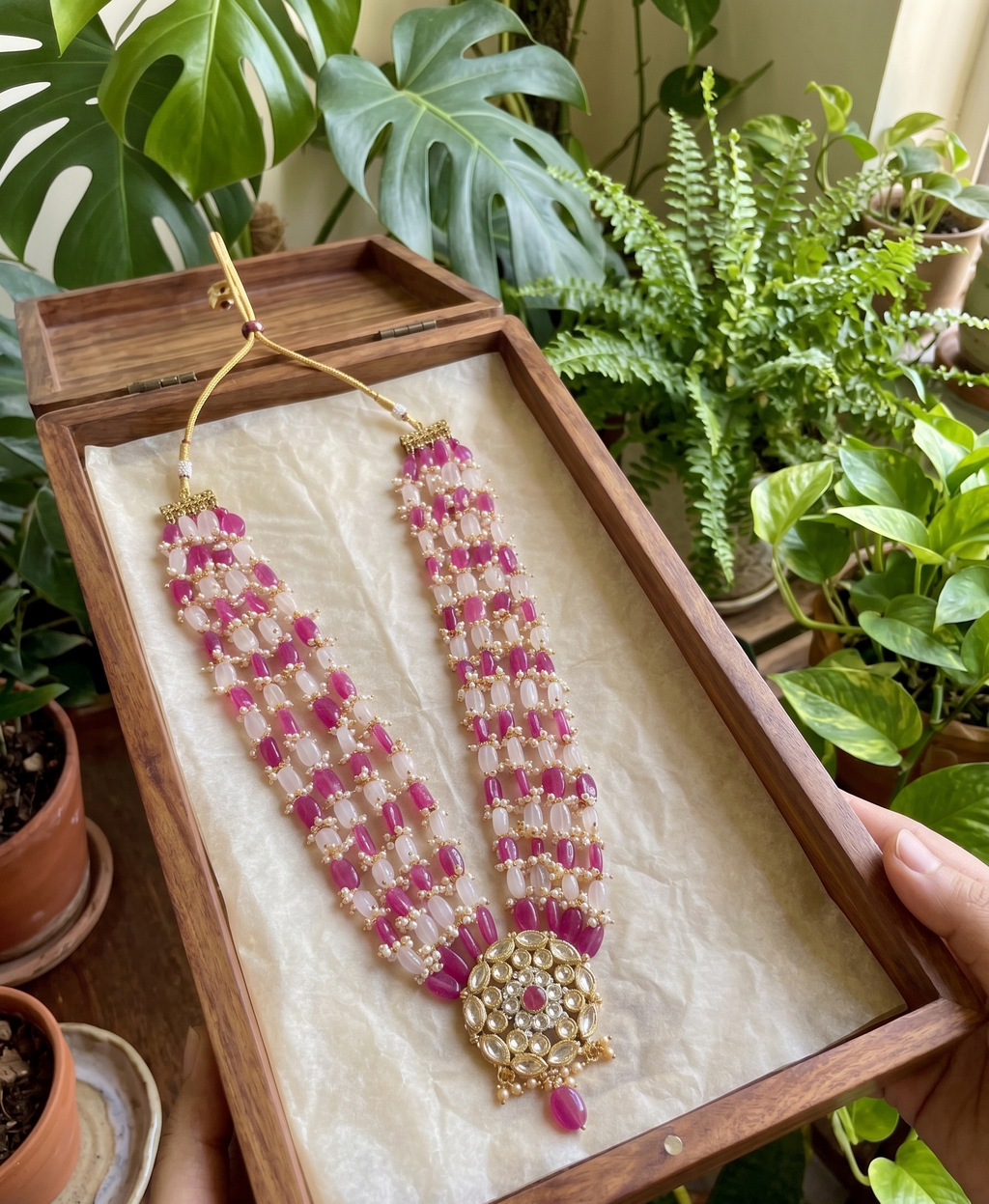 Kundan Pendant Necklace with Ruby and Pearl Beads, Multi-Strand, Gold-Toned, Traditional Indian Style