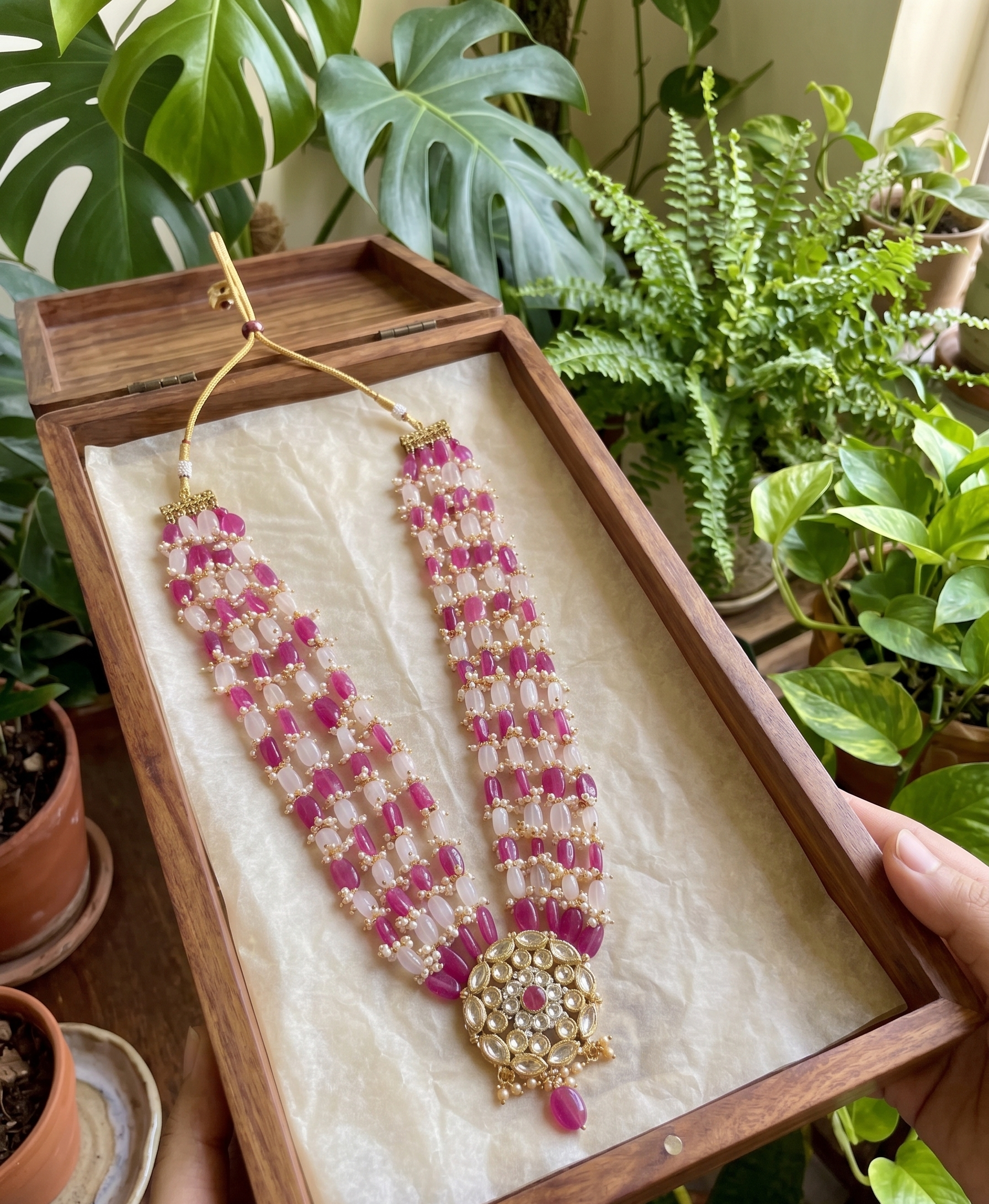 Kundan Pendant Necklace with Ruby and Pearl Beads, Multi-Strand, Gold-Toned, Traditional Indian Style