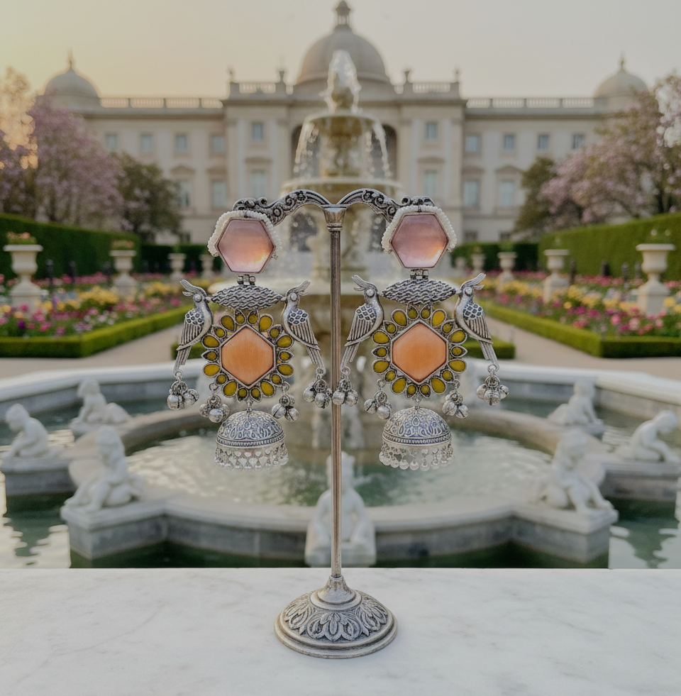 Shahaana big peacock oxidised jhumkis
