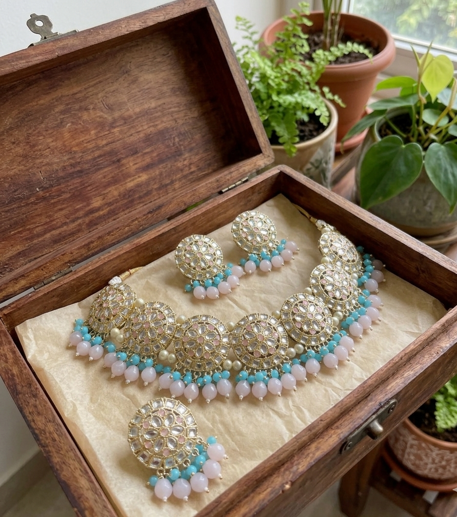 Maheshwari choker set | Gold-Toned Choker Necklace Set with Earrings and Maang Tikka, Pink and Blue Beads, Kundan Style