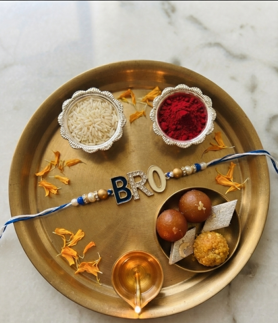 TNT Designs Stylish BRO Letter Rakhi for Brother | Navy Blue Gold Twisted Thread Rakhi with Bead Accents | BRO Design for Brother with Diamond Studded Letters