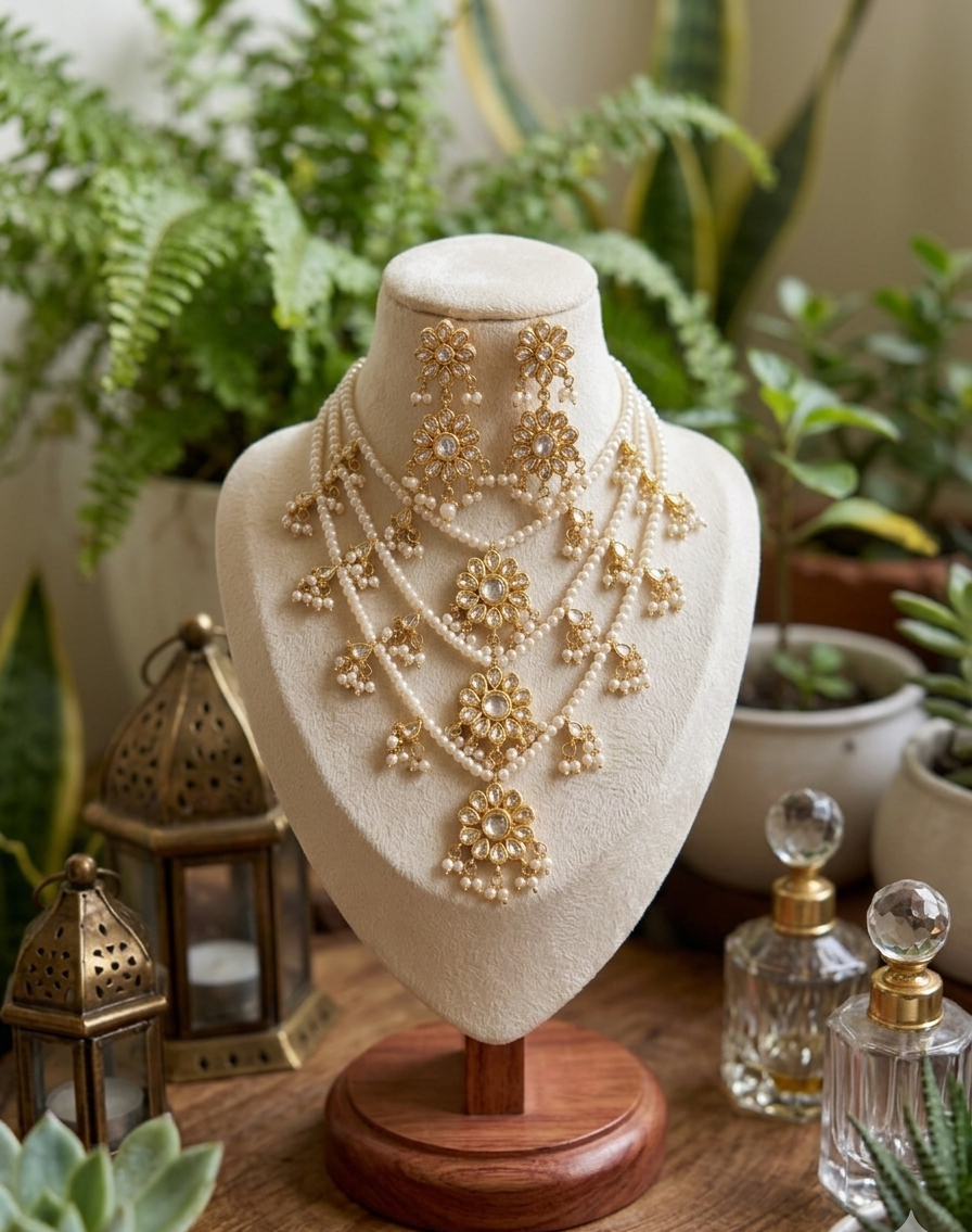 Aisha Kundan Jewellery Set with Pearl Beaded Necklace and Earrings, Gold Tone, Floral Design| Three layered necklace