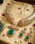 Karisma Kundan Necklace Set with Earrings, Green Stone, Gold-Toned, Bridal Indian Jewellery