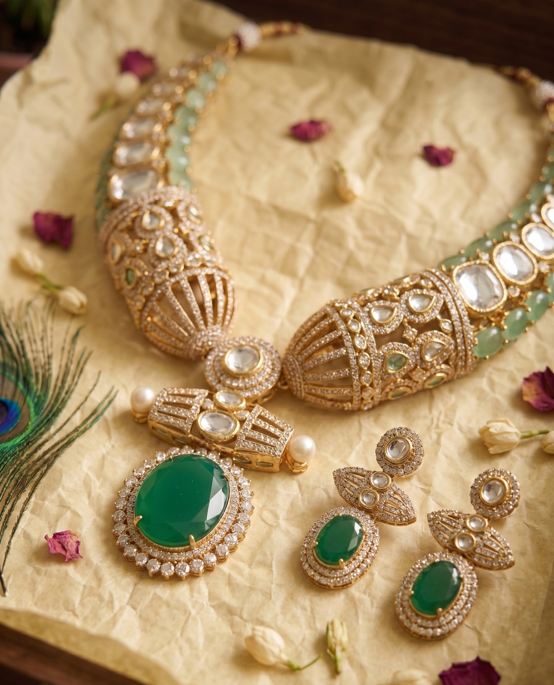 Karisma Kundan Necklace Set with Earrings, Green Stone, Gold-Toned, Bridal Indian Jewellery