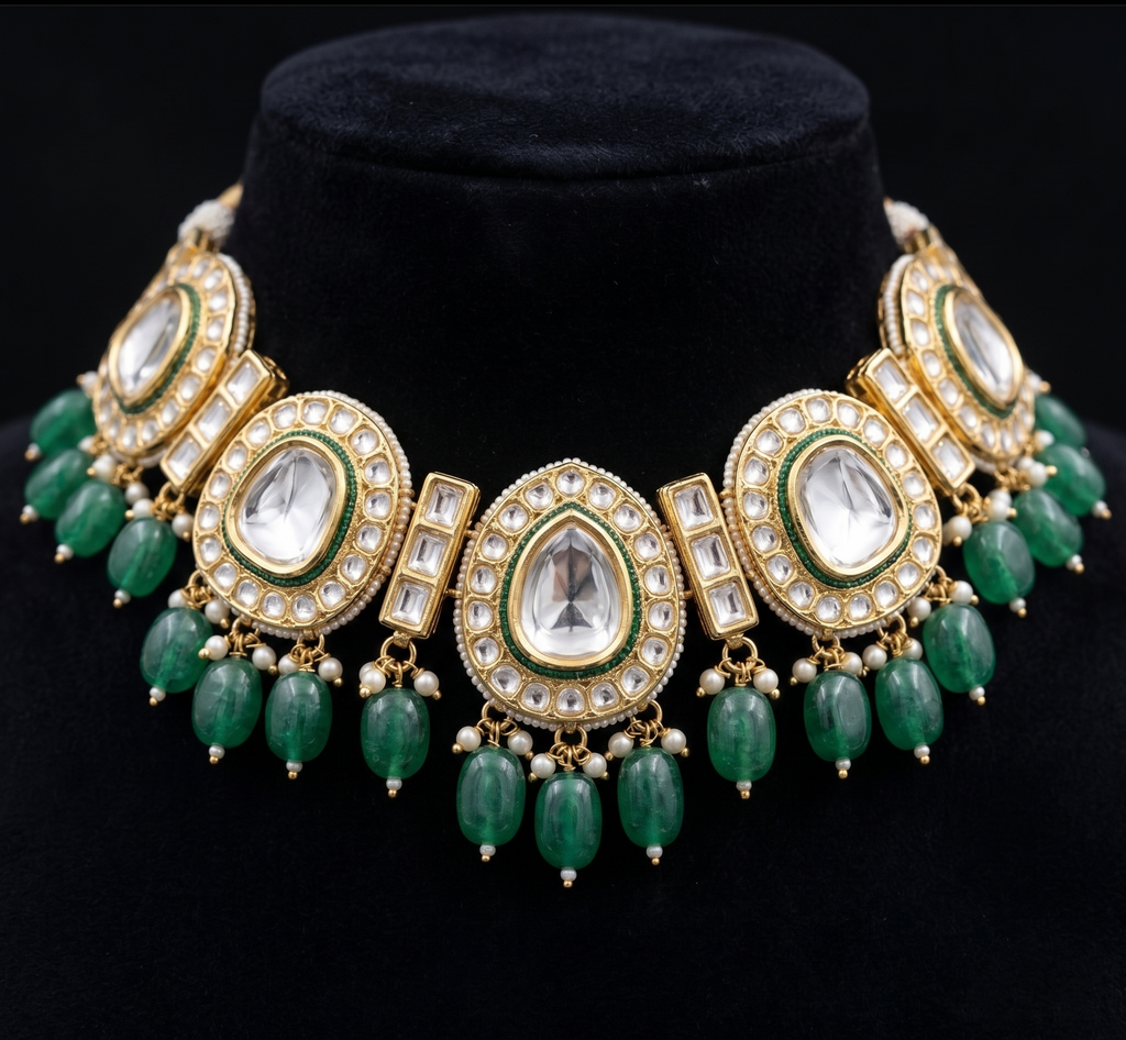 Kushmanda choker necklace set | Kundan Necklace and Earring Set, Gold-Toned with Green Beads, Pearl Embellished, Traditional Bridal Jewellery