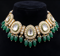 Kushmanda choker necklace set | Kundan Necklace and Earring Set, Gold-Toned with Green Beads, Pearl Embellished, Traditional Bridal Jewellery