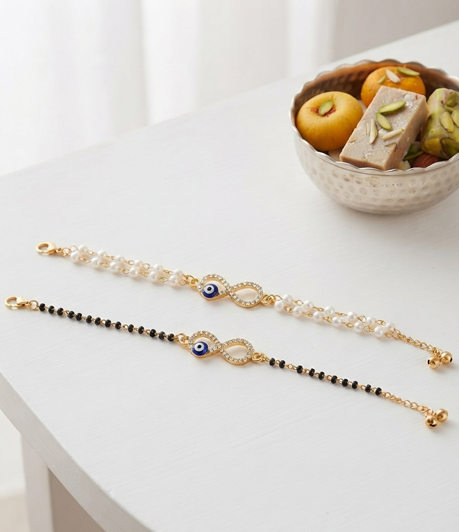 Evil Eye Infinity Bracelets for Women | Mangalsutra Bracelet and Pearl Bracelet| Pack of 2