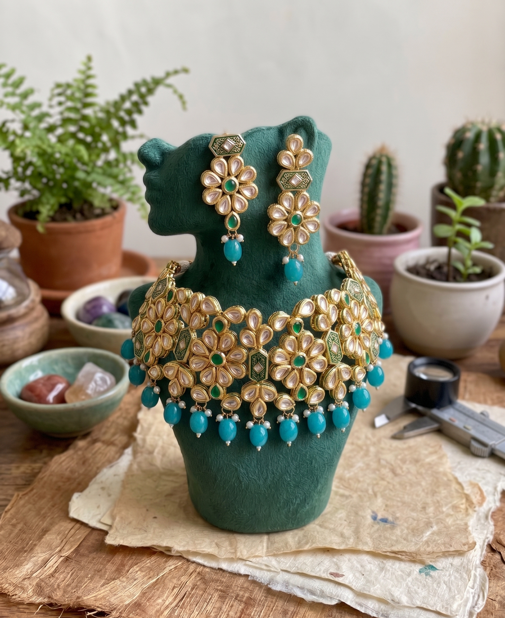 Ana kundan choker set | Kundan Choker Necklace Set with Earrings, Gold-Toned, Turquoise and Green Beads, Floral Design