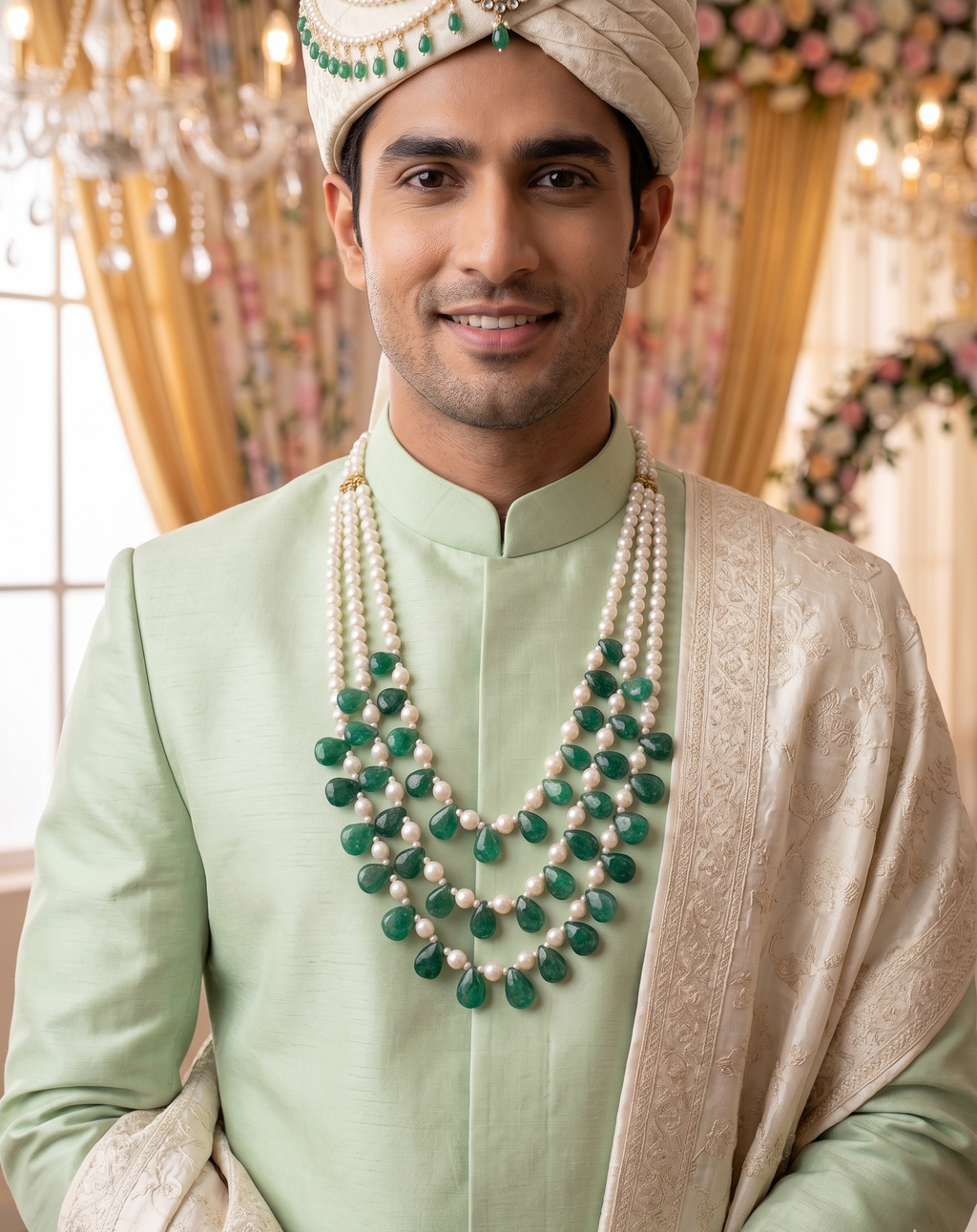 Emerald Pearl Groom Mala | Groom Necklace| Sherwani Mala| Green Necklace for Grooms