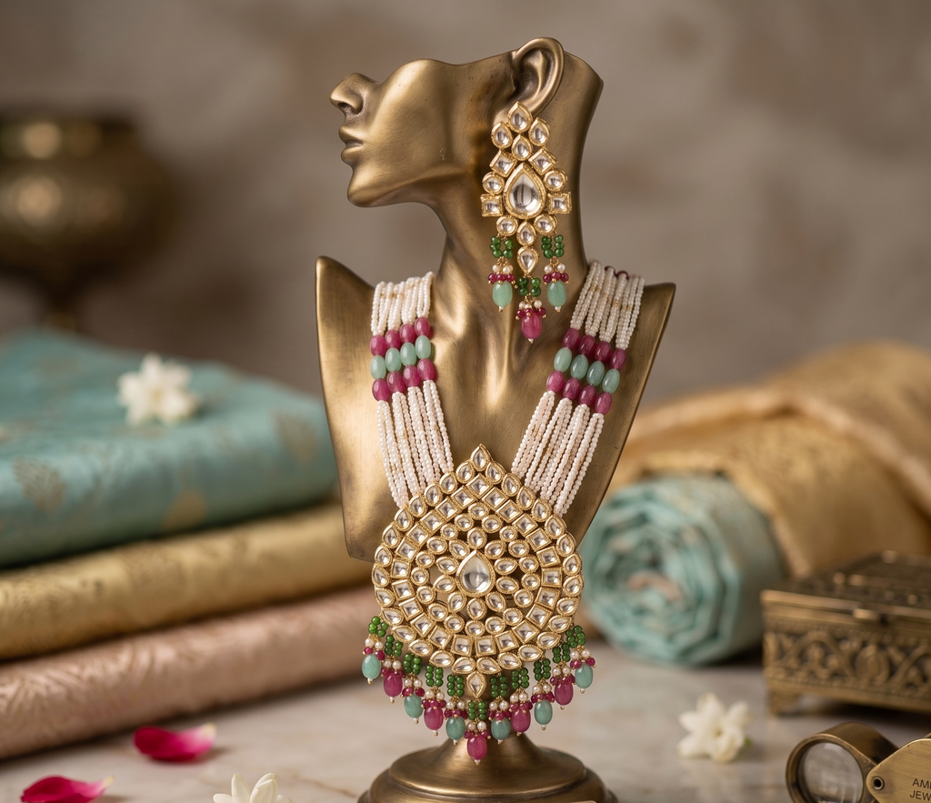 Sheetla long kundan necklace set | Kundan Pendant Necklace Set with Pearl Beads, Red and Green Drops, Earrings Included
