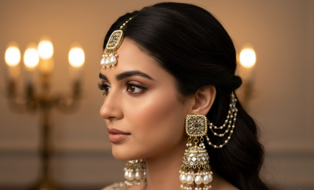 Aishwarya kundan earrings with earchains and maang teeka